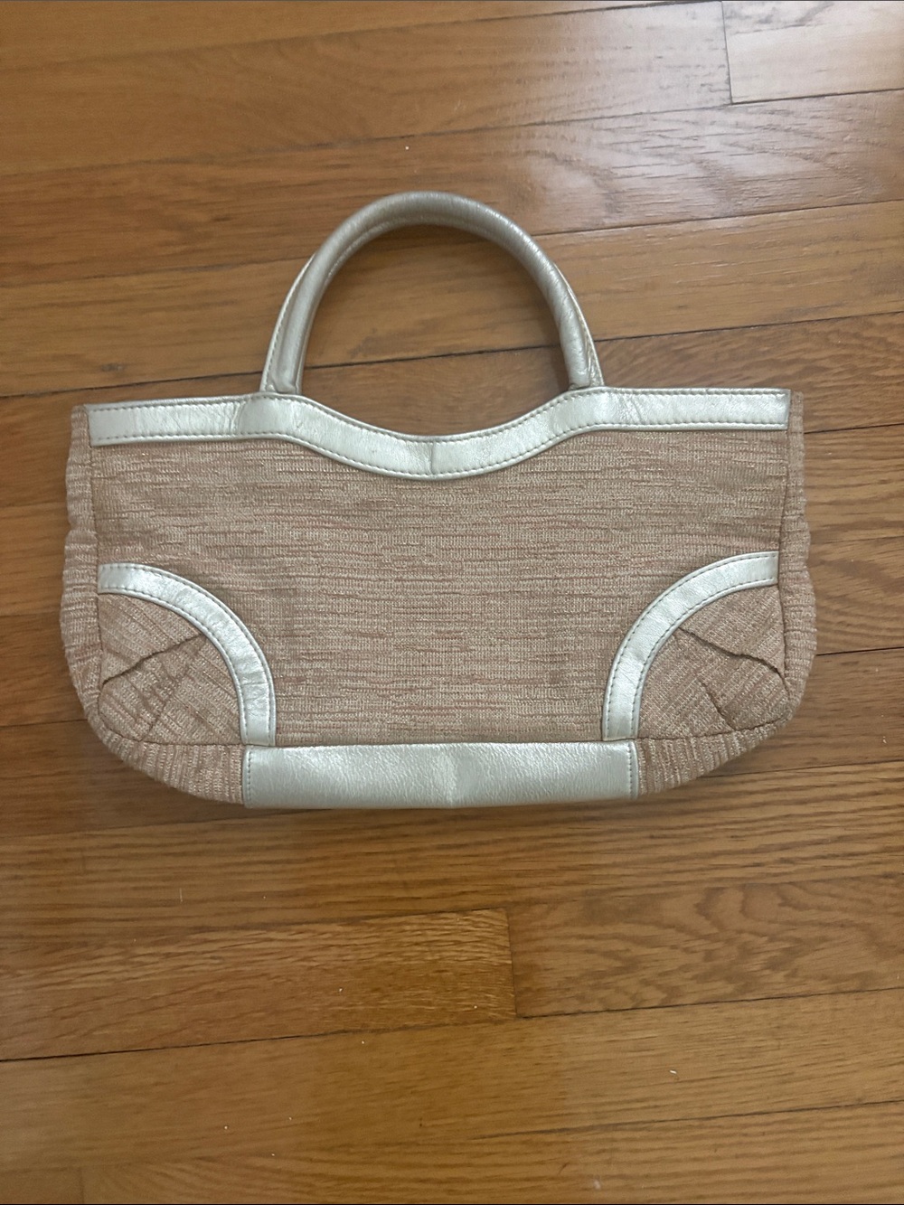 Lauren Merkin Neutral Woven Shoulder Bag with Metallic Gold Trim